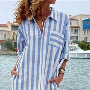 Blue & White Striped Maxi Shirt Dress Casual 1/4 Zip  with Roll-Up Sleeves M